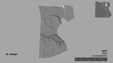 Mısır valisi As Suways 'in şekli, sermayesi sağlam bir arka planda izole edilmiş. Uzaklık ölçeği, bölge önizlemesi ve etiketleri. Çift seviyeli yükseklik haritası. 3B görüntüleme