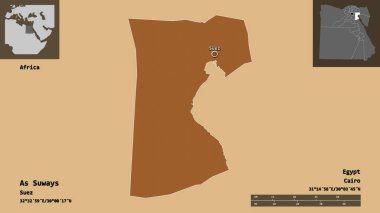 As Suways 'in şekli, Mısır valisi ve başkenti. Uzaklık ölçeği, ön gösterimler ve etiketler. Desenli dokuların bileşimi. 3B görüntüleme