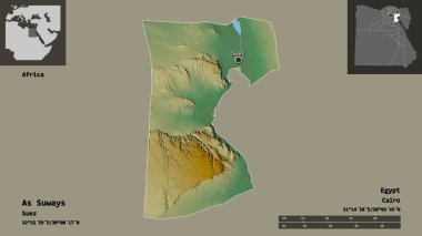 As Suways 'in şekli, Mısır valisi ve başkenti. Uzaklık ölçeği, ön gösterimler ve etiketler. Topografik yardım haritası. 3B görüntüleme