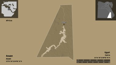 Aswan 'ın şekli, Mısır valisi ve başkenti. Uzaklık ölçeği, ön gösterimler ve etiketler. Renkli yükseklik haritası. 3B görüntüleme