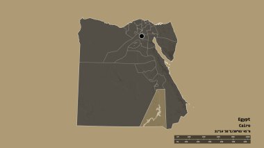 Başkenti, ana bölgesel bölümü ve ayrılmış Aswan bölgesi ile Mısır 'ın dejenere edilmiş şekli. Etiketler. Renkli yükseklik haritası. 3B görüntüleme