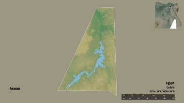 Mısır valisi Aswan 'ın şekli, başkenti sağlam bir zemin üzerinde izole edilmiş. Uzaklık ölçeği, bölge önizlemesi ve etiketleri. Topografik yardım haritası. 3B görüntüleme