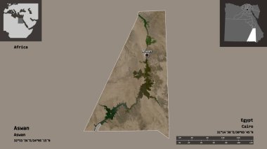 Aswan 'ın şekli, Mısır valisi ve başkenti. Uzaklık ölçeği, ön gösterimler ve etiketler. Uydu görüntüleri. 3B görüntüleme
