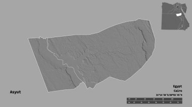 Mısır valisi Asyut 'un şekli, başkenti sağlam bir zemin üzerinde izole edilmiş. Uzaklık ölçeği, bölge önizlemesi ve etiketleri. Çift seviyeli yükseklik haritası. 3B görüntüleme