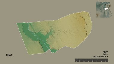 Mısır valisi Asyut 'un şekli, başkenti sağlam bir zemin üzerinde izole edilmiş. Uzaklık ölçeği, bölge önizlemesi ve etiketleri. Topografik yardım haritası. 3B görüntüleme