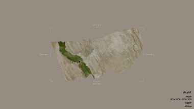Asyut bölgesi, Mısır valiliği, jeoreferatlı bir sınır kutusunda sağlam bir arka planda izole edilmiş. Etiketler. Uydu görüntüleri. 3B görüntüleme