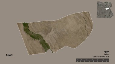 Mısır valisi Asyut 'un şekli, başkenti sağlam bir zemin üzerinde izole edilmiş. Uzaklık ölçeği, bölge önizlemesi ve etiketleri. Uydu görüntüleri. 3B görüntüleme