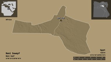 Bani Suwayf 'in şekli, Mısır valisi ve başkenti. Uzaklık ölçeği, ön gösterimler ve etiketler. Renkli yükseklik haritası. 3B görüntüleme