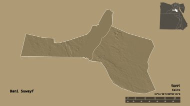 Mısır valisi Bani Suwayf 'in şekli, başkenti sağlam bir arka planda izole edilmiştir. Uzaklık ölçeği, bölge önizlemesi ve etiketleri. Renkli yükseklik haritası. 3B görüntüleme