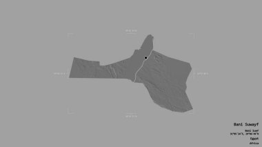 Bani Suwayf bölgesi, Mısır valisi, katı bir arka planda izole edilmiş bir sınır kutusunda. Etiketler. Çift seviyeli yükseklik haritası. 3B görüntüleme