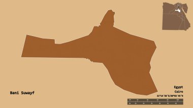 Mısır valisi Bani Suwayf 'in şekli, başkenti sağlam bir arka planda izole edilmiştir. Uzaklık ölçeği, bölge önizlemesi ve etiketleri. Desenli dokuların bileşimi. 3B görüntüleme