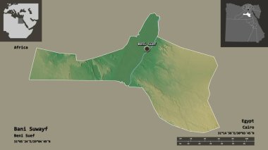 Bani Suwayf 'in şekli, Mısır valisi ve başkenti. Uzaklık ölçeği, ön gösterimler ve etiketler. Topografik yardım haritası. 3B görüntüleme