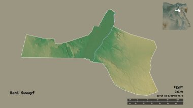 Mısır valisi Bani Suwayf 'in şekli, başkenti sağlam bir arka planda izole edilmiştir. Uzaklık ölçeği, bölge önizlemesi ve etiketleri. Topografik yardım haritası. 3B görüntüleme