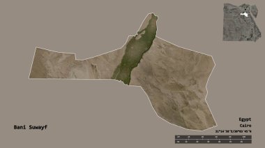 Mısır valisi Bani Suwayf 'in şekli, başkenti sağlam bir arka planda izole edilmiştir. Uzaklık ölçeği, bölge önizlemesi ve etiketleri. Uydu görüntüleri. 3B görüntüleme