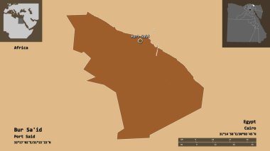 Bur 'Sa' id 'in şekli, Mısır valisi ve başkenti. Uzaklık ölçeği, ön gösterimler ve etiketler. Desenli dokuların bileşimi. 3B görüntüleme