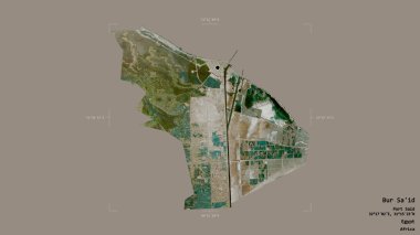 Mısır valisi Bur 'Sa' id bölgesi, katı bir arka planda izole edilmiş bir sınır kutusunda. Etiketler. Uydu görüntüleri. 3B görüntüleme