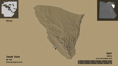 Mısır Valisi ve başkenti Janub Sina 'nın sureti. Uzaklık ölçeği, ön gösterimler ve etiketler. Renkli yükseklik haritası. 3B görüntüleme