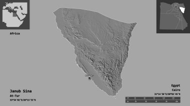 Mısır Valisi ve başkenti Janub Sina 'nın sureti. Uzaklık ölçeği, ön gösterimler ve etiketler. Çift seviyeli yükseklik haritası. 3B görüntüleme