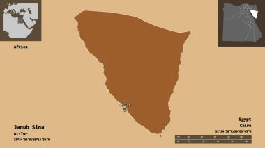 Mısır Valisi ve başkenti Janub Sina 'nın sureti. Uzaklık ölçeği, ön gösterimler ve etiketler. Desenli dokuların bileşimi. 3B görüntüleme