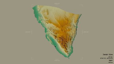 Mısır valisi Janub Sina 'nın bölgesi, jeoreferatlı bir sınır kutusunda sağlam bir arka planda izole edildi. Etiketler. Topografik yardım haritası. 3B görüntüleme