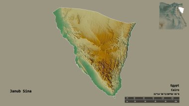 Mısır valisi Janub Sina 'nın şekli, başkenti sağlam bir arka planda izole edilmiş. Uzaklık ölçeği, bölge önizlemesi ve etiketleri. Topografik yardım haritası. 3B görüntüleme