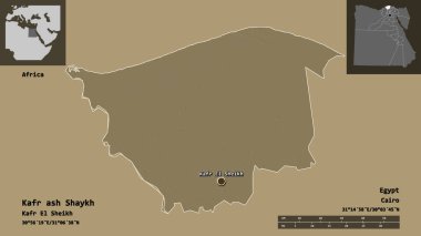 Kafr ash Shaykh, Mısır valisi ve başkenti. Uzaklık ölçeği, ön gösterimler ve etiketler. Renkli yükseklik haritası. 3B görüntüleme
