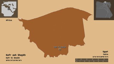 Kafr ash Shaykh, Mısır valisi ve başkenti. Uzaklık ölçeği, ön gösterimler ve etiketler. Desenli dokuların bileşimi. 3B görüntüleme