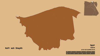 Mısır valisi Kafr ash Shaykh 'ın şekli, başkenti sağlam bir arka planda izole edilmiş. Uzaklık ölçeği, bölge önizlemesi ve etiketleri. Desenli dokuların bileşimi. 3B görüntüleme