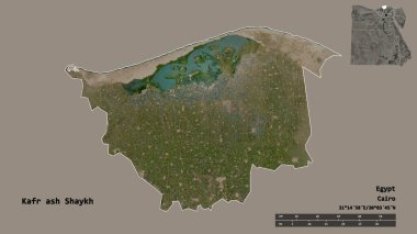 Mısır valisi Kafr ash Shaykh 'ın şekli, başkenti sağlam bir arka planda izole edilmiş. Uzaklık ölçeği, bölge önizlemesi ve etiketleri. Uydu görüntüleri. 3B görüntüleme