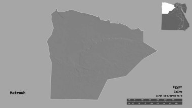 Mısır valisi Matrouh 'un şekli, başkenti sağlam bir zemin üzerinde izole edilmiş. Uzaklık ölçeği, bölge önizlemesi ve etiketleri. Çift seviyeli yükseklik haritası. 3B görüntüleme