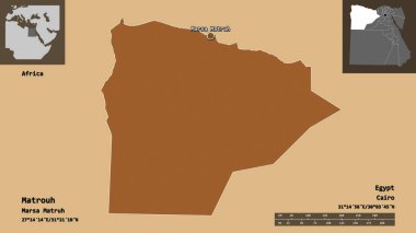 Matrouh 'un şekli, Mısır valisi ve başkenti. Uzaklık ölçeği, ön gösterimler ve etiketler. Desenli dokuların bileşimi. 3B görüntüleme