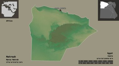 Matrouh 'un şekli, Mısır valisi ve başkenti. Uzaklık ölçeği, ön gösterimler ve etiketler. Topografik yardım haritası. 3B görüntüleme