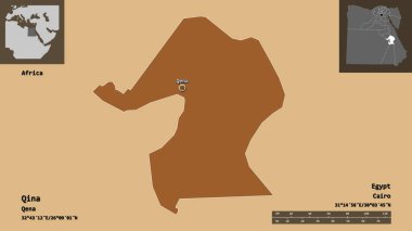 Qina 'nın şekli, Mısır valisi ve başkenti. Uzaklık ölçeği, ön gösterimler ve etiketler. Desenli dokuların bileşimi. 3B görüntüleme