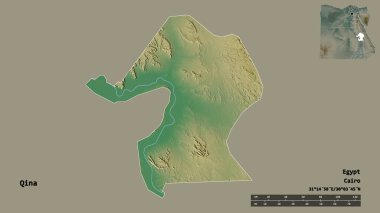Mısır valisi Qina 'nın şekli, başkenti sağlam bir zemin üzerinde izole edilmiş. Uzaklık ölçeği, bölge önizlemesi ve etiketleri. Topografik yardım haritası. 3B görüntüleme
