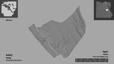 Suhac 'ın şekli, Mısır valisi ve başkenti. Uzaklık ölçeği, ön gösterimler ve etiketler. Çift seviyeli yükseklik haritası. 3B görüntüleme