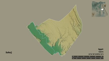 Mısır valisi Suhaj 'ın şekli, başkenti sağlam bir zemin üzerinde izole edilmiş. Uzaklık ölçeği, bölge önizlemesi ve etiketleri. Topografik yardım haritası. 3B görüntüleme
