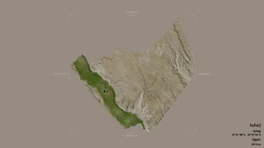 Mısır Valisi Suhaj bölgesi, jeoreferatlı bir sınır kutusunda sağlam bir arka planda izole edilmiş. Etiketler. Uydu görüntüleri. 3B görüntüleme