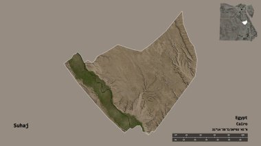 Mısır valisi Suhaj 'ın şekli, başkenti sağlam bir zemin üzerinde izole edilmiş. Uzaklık ölçeği, bölge önizlemesi ve etiketleri. Uydu görüntüleri. 3B görüntüleme