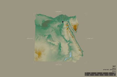 Mısır 'ın katı bir arka planda izole edilmiş coğrafi bir sınır kutusu. Ana bölgesel bölüm, mesafe ölçeği, etiketler. Topografik yardım haritası. 3B görüntüleme