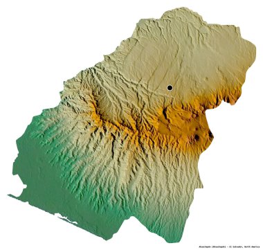 Ahuachapan 'ın şekli, El Salvador departmanı, başkenti beyaz arka planda izole edilmiş. Topografik yardım haritası. 3B görüntüleme