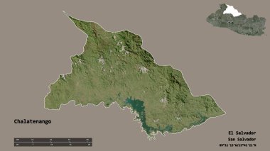 Chalatenango 'nun şekli, El Salvador departmanı, sermayesi sağlam arka planda izole edilmiş. Uzaklık ölçeği, bölge önizlemesi ve etiketleri. Uydu görüntüleri. 3B görüntüleme