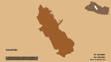 Cuscatlan 'ın şekli, El Salvador departmanı, sermayesi sağlam arka planda izole edilmiş. Uzaklık ölçeği, bölge önizlemesi ve etiketleri. Desenli dokuların bileşimi. 3B görüntüleme