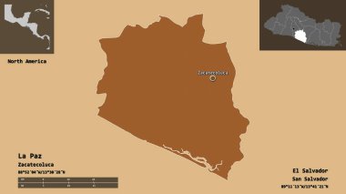 La Paz 'ın şekli, El Salvador Departmanı ve başkenti. Uzaklık ölçeği, ön gösterimler ve etiketler. Desenli dokuların bileşimi. 3B görüntüleme