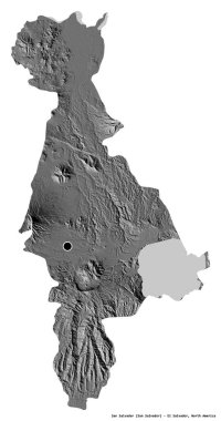 San Salvador 'un şekli, El Salvador departmanı, başkenti beyaz arka planda izole edilmiş. Çift seviyeli yükseklik haritası. 3B görüntüleme