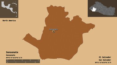 Sonsonatın şekli, El Salvador departmanı ve başkenti. Uzaklık ölçeği, ön gösterimler ve etiketler. Desenli dokuların bileşimi. 3B görüntüleme