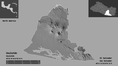 Usulutan 'ın şekli, El Salvador Departmanı ve başkenti. Uzaklık ölçeği, ön gösterimler ve etiketler. Çift seviyeli yükseklik haritası. 3B görüntüleme