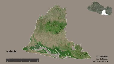 El Salvador Bölümü, Usulutan 'ın şekli, başkenti sağlam bir zemine sahip. Uzaklık ölçeği, bölge önizlemesi ve etiketleri. Uydu görüntüleri. 3B görüntüleme