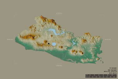 El Salvador bölgesi katı bir arka planda izole edilmiş bir sınır kutusunda. Ana bölgesel bölüm, mesafe ölçeği, etiketler. Topografik yardım haritası. 3B görüntüleme
