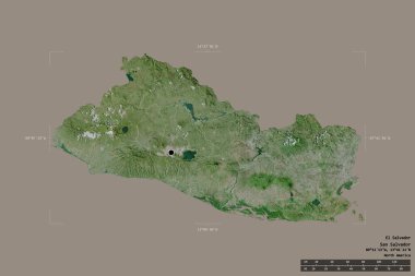 El Salvador bölgesi katı bir arka planda izole edilmiş bir sınır kutusunda. Ana bölgesel bölüm, mesafe ölçeği, etiketler. Uydu görüntüleri. 3B görüntüleme