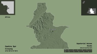 Centro Sur, Ekvator Ginesi ili ve başkenti. Uzaklık ölçeği, ön gösterimler ve etiketler. Renkli yükseklik haritası. 3B görüntüleme